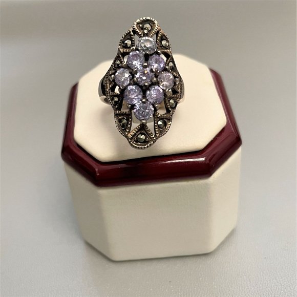 Simulated Tanzanite Marcasite Cluster Large Heavy Cocktail Ring 8 VGC - Picture 12 of 12